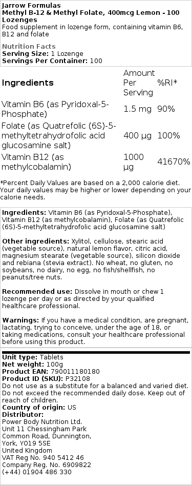 Metil B-12 e Folato de Metila, 800mcg Cerejeira - 60 Lozenges - Image 2