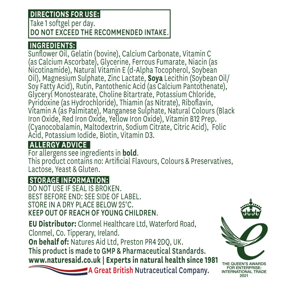 Natures Aid - Multivitaminas e Minerais com Ferro (90 Cápsulas Moles) - Image 2