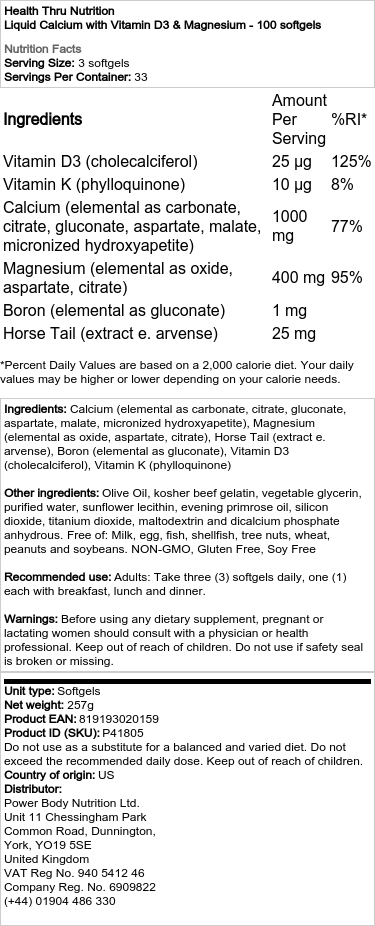 Cálcio líquido com Vitamina D3 e Magnésio - 100 softgels - Image 2