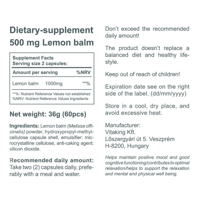 Vitaking - Erva-cidreira 500 mg (60 cápsulas) - Image 3