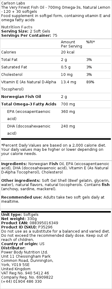 Óleo de Peixe Muito Fino - 700mg de Ômega-3, Limão Natural - 120 + 30 cápsulas moles - Image 2