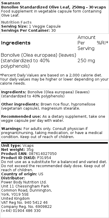 folha de oliveira normalizada bonolive, 250mg - 30 vcaps - Eco Supplements