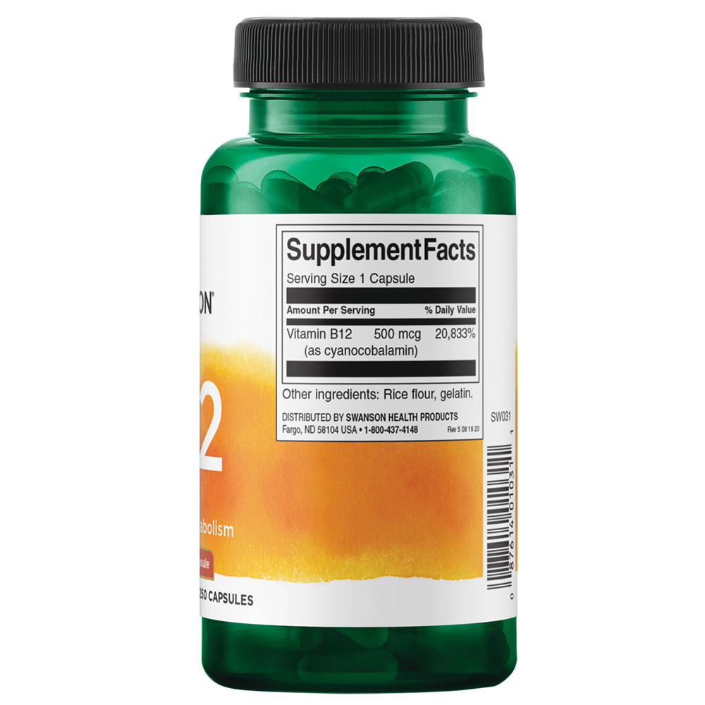 Swanson - Vitamina B12 500 mcg, 250 cápsulas - Image 3