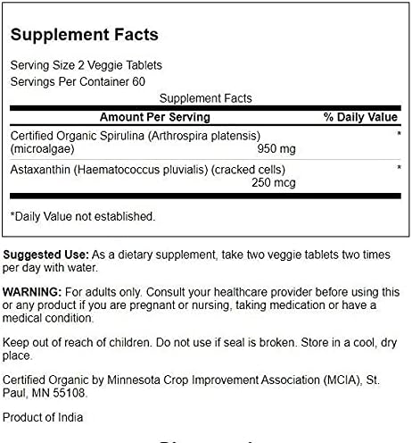 Spirulina e Astaxantina, Orgânica - 120 tabs vegetarianos - Image 3